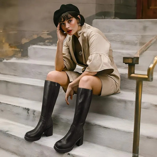 Women's Thigh-High Stretch Boots with Sleek Shaft and Shaped Platform