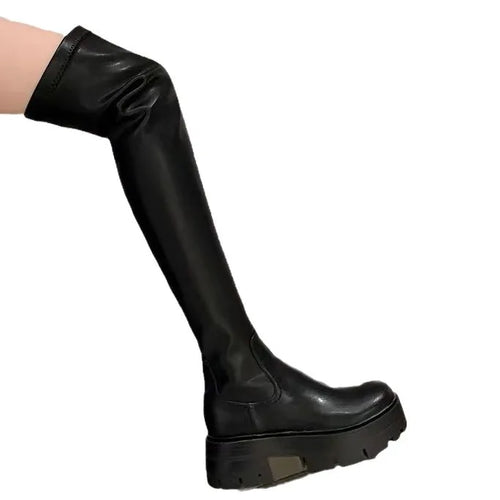 Women's Thigh-High Stretch Boots with Sleek Shaft and Shaped Platform