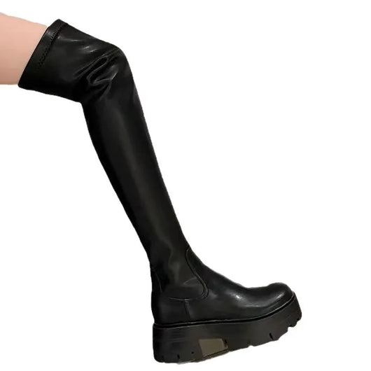 Women's Thigh-High Stretch Boots with Sleek Shaft and Shaped Platform