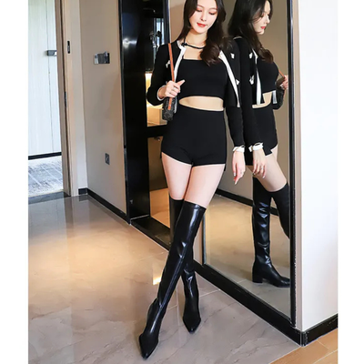 Women's Thigh-High Stretch Boots with Sleek Shaft and Shaped Platform